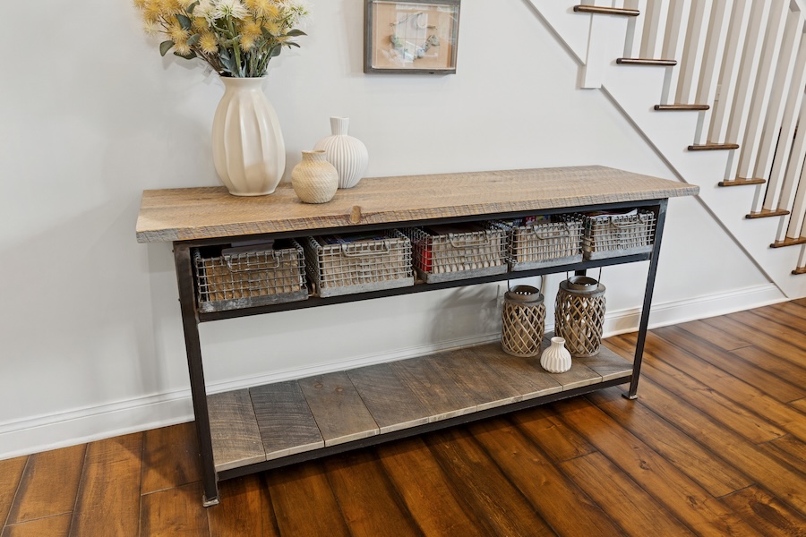 Buffet table with bottom shelf and antique bin drawers