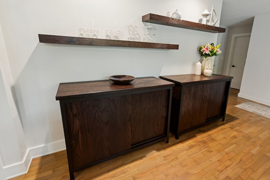 wood storage cabinets with sliding doors and floating shelves
